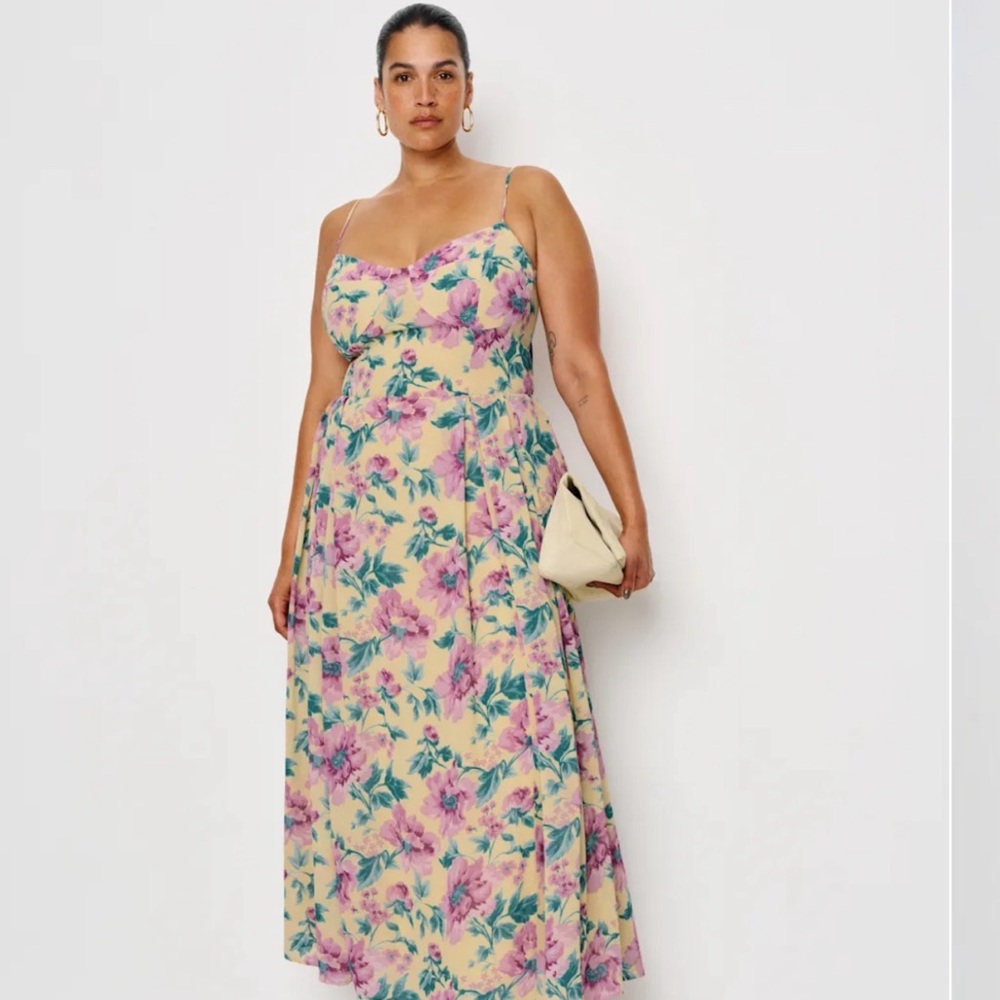 Reformation Jaelyn Floral Midi Dress Yellow Purple Smocked Back Size 12